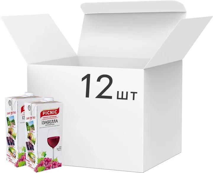 Упаковка вина Picnic Изабелла черноморская столовое красное полусладкое 9-12% 1 л 12 шт (4820179622836)